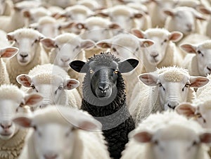 A black sheep among a flock of white sheep, raising its head like a leader