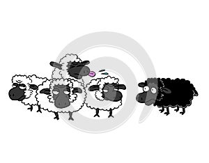 Black sheep and group of white sheep