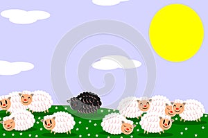 Black sheep ignored and isolated from the flock, discrimination, diversity, colours.