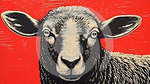 Black Sheep Lino Print On Red Background - Markoe