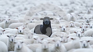 Black sheep standing out in a herd of white sheep, symbol of uniqueness and individuality