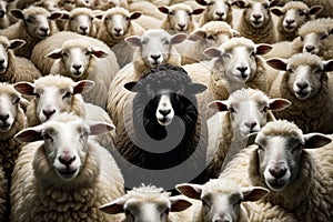 Black sheep stands in herd of white sheep. Generative AI