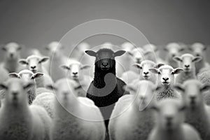 A black sheep surrounded by a flock of white sheep.