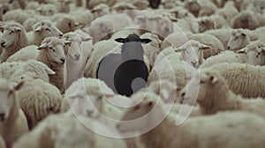 black sheep surrounded by white sheep.