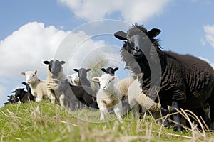 black sheep and white lambs on sunny hill