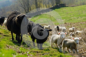 black sheep and white lambs on sunny hill
