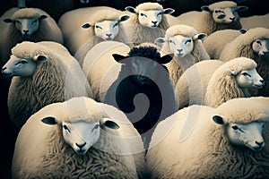 Black sheep among white ones. Dare to be different, standing out from crowd, be yourself concept