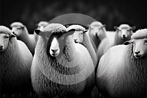 Black sheep among white ones. Dare to be different, standing out from crowd, be yourself concept