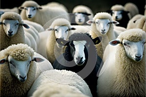 Black sheep among white ones. Dare to be different, standing out from crowd, be yourself concept