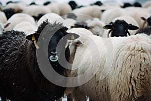 A black sheep among white sheep, vector image AI generated