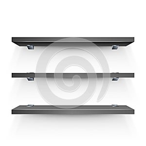 Black shelf mockup. Three empty shelves template. Realistic bookshelf design.