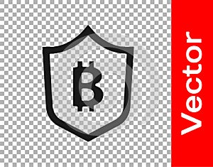 Black Shield with bitcoin icon isolated on transparent background. Cryptocurrency mining, blockchain technology