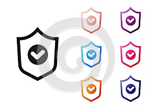 Black Shield with check mark icon isolated on white background. Protection symbol. Security check Icon. Tick mark