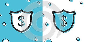 Black Shield and dollar icon isolated on blue and white background. Security shield protection. Money security concept