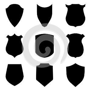 Black shield emblems isolated on white background. Security and police labels. Insignia, awards militaries. Symbol and crest of