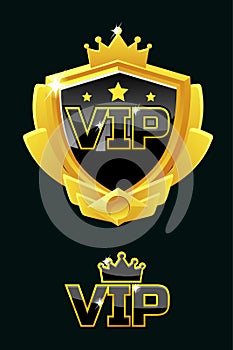 Black shield with golden frame isolated and VIP Logo. Vector luxury design element.