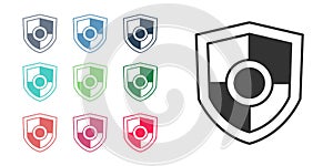 Black Shield icon isolated on white background. Guard sign. Security, safety, protection, privacy concept. Set icons