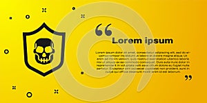 Black Shield with pirate skull icon isolated on yellow background. Vector