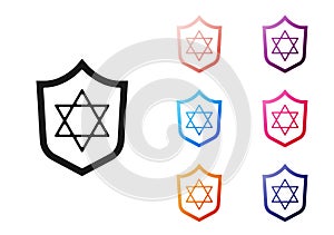 Black Shield with Star of David icon isolated on white background. Jewish religion symbol. Symbol of Israel. Set icons