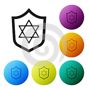 Black Shield with Star of David icon isolated on white background. Jewish religion symbol. Symbol of Israel. Set icons