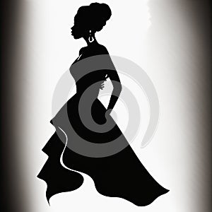 Black shilouette of elegant woman with long dress on white background. Generative AI