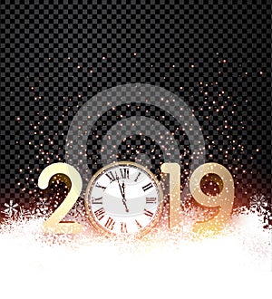 Black shiny 2019 New Year background with gold clock.