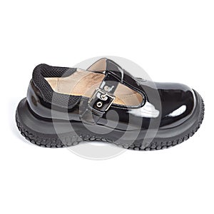 Black shiny glossy comfortable leather women's sandals on a thick rubber sole on a white background
