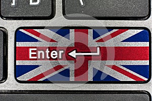 Black shiny keyboard closeup, focus on the Enter key United Kingdom flag