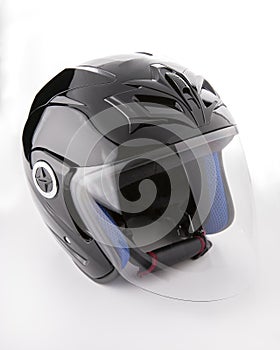 Black, shiny motorcycle helmet Isolated on white background