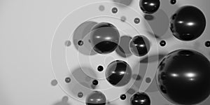 Black shiny spheres fly on a white background. Abstract 3D render. Background with falling 3D balls.