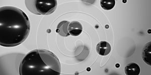 Black shiny spheres fly on a white background. Abstract 3D render. Background with falling 3D balls.