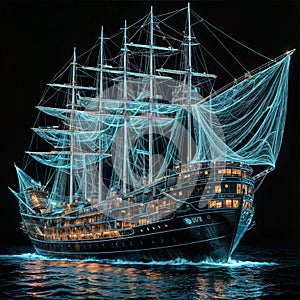 A black ship with blue neon sails