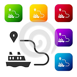 Black Ship line path of ship sea route with start point GPS and black line icon isolated on white background. Set icons in color