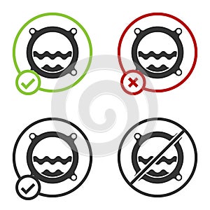 Black Ship porthole with rivets and seascape outside icon isolated on white background. Circle button. Vector