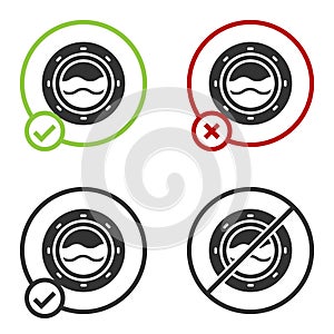 Black Ship porthole with rivets and seascape outside icon isolated on white background. Circle button. Vector