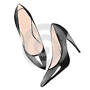 Black shoes. Watercolor illustration isolated on white