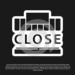 Black Shopping building or market store and text closed icon isolated on black background. Shop construction. Vector Illustration