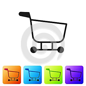 Black Shopping cart icon isolated on white background. Food store, supermarket. Set icons in color square buttons