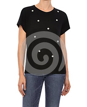 Black Short Sleeve top Women Clothing, Grey T-Shirt for womenâ€™s paired with dark blue cropped denim and white background, Women