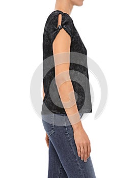 Black Short Sleeve top Women Clothing, Grey T-Shirt for womenâ€™s paired with dark blue cropped denim and white background, Women