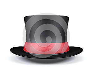 Black short top hat with red ribbon isolated on white background