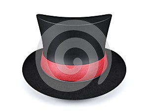 Black short top hat with red ribbon isolated on white background