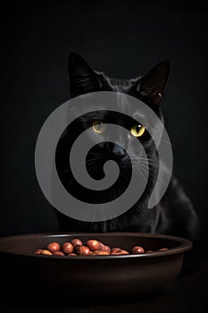 Black shorthair cat with yellow eyes sitting near the brown ceramic bowl of pet food. Black background