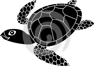 Black silhouette of adult cute cartoon swimming sea turtle on white background