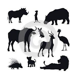 Black silhouette of african animals on white background. Isolated icon of lion, buffalo and gazelle