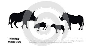 Black silhouette of african boar. Isolated image of desert warthog family. Landscape with wild animals of Africa