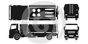 Black silhouette of air fuel truck. Front, side, top and back view. Maintenance of aircraft. Airfield transport