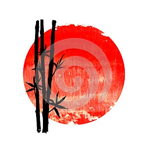 Black silhouette of bamboo plants on big red sun