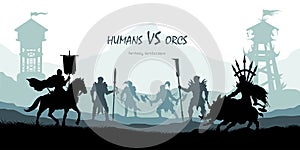 Black silhouette of battle orcs and humans. Fantasy landscape. Medieval 2d panorama. Knights and warriors fighting scene