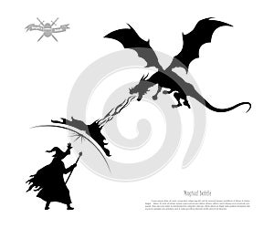 Black silhouette of battle of wizard with dragon on white background. The monster breathes fire on the magician